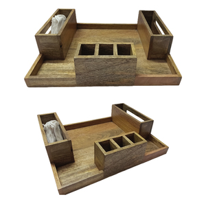 Customized Natural Mango Wood Cutlery Holder Napkin Tableware <b>Hand</b>-carved Rectangular Compartment Tray Sectioned Dining Utensils - Product Image 1