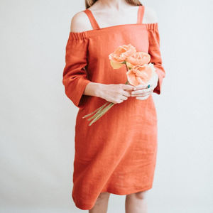 New arrival fashionable coral red color crepe fabric Strapless neck off-solder 3\4 sleeve knee-length for sexy women linen dress - Product Image 1