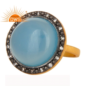 White Zircon And Blue Chalcedony Gemstone 18k Yellow <b>Gold</b> Plated Silver Designer <b>Cocktail</b> <b>Ring</b> Jewelry Supplier - Product Image 1