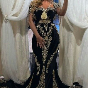 BLACK FISHCUT CAFTANBLACK FISHCUT CAFTAN DRESS EMBROIDERY OF DABKA, CRYSTAL GLASS BEADS,GLASS STONE WORK FOR PARTY-WEAR @ 2022 - Product Image 1