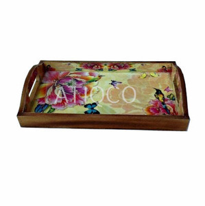 Bandeja de Servir Atiqco de Madera de Cerezo con Diseño Floral Multicolor Pintado a Mano - Product Image 1