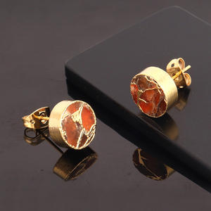 Boucle d'oreilles en pierre précieuse pour femmes, ronde, orange, cuivre, turquoise, gros prix, plaqué or, 8mm, cadeau - Product Image 6