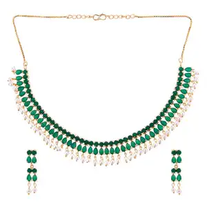 镀金印度宝莱坞绿色水晶人造珍珠婚礼新娘项链挂角耳环饰品套装