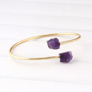 Bracelet Double pierre d'améthyste brute naturelle, mode classique, ravissant plaqué or, Bracelet ouvert réglable, bijoux en pierre de naissance - Product Image 2