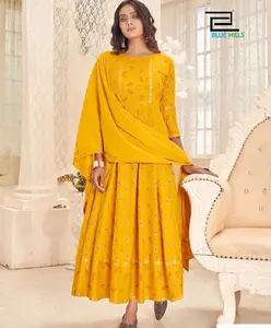 Vestido largo de rayón para mujer, vestido Anarkali de Color amarillo, de algodón Malai, disponible en diferentes colores, de Royal Export - Product Image 1