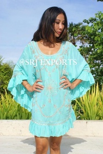 Floral Peach Color Rayon Long Sleeve Mini Poncho <b>Dress</b> Flossy Lace Embellishment Boho Sexy Beach Frill Fixed <b>String</b> Mirror - Product Image 2