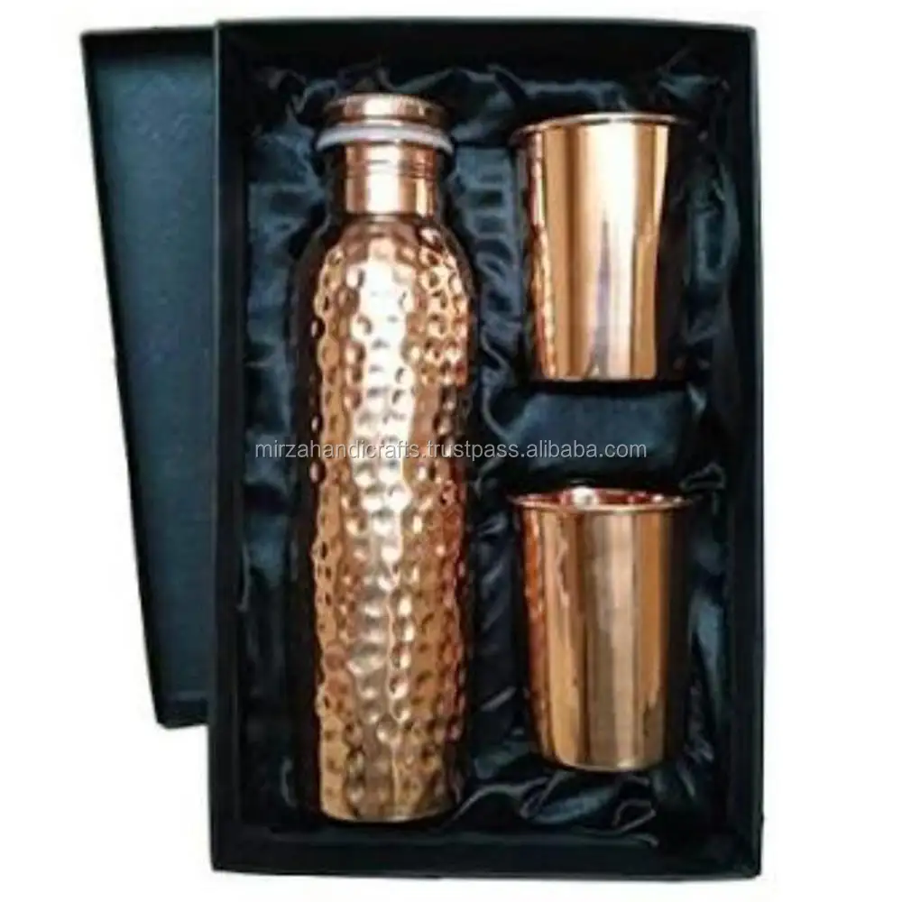 HAMMERED PRINT COPPER BOTTLE WITH MAT POLISH 2 GLASS FOR YOGA AND HEALTH BENEFITS