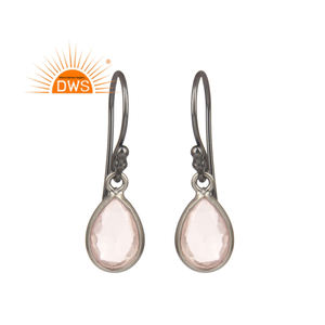 Pear Shape Rose Quartz Gemstone Earrings Wholesale Black Rhodium Plated Designer 925 Silver Dangle Earrings Jewelry - Product Image 1
