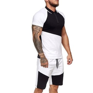 ชุดฤดูร้อนสำหรับผู้ชายผ้าฝ้าย100% ชุดบล็อกสีเสื้อยืดและกางเกงขาสั้น - Product Image 1
