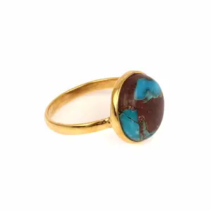 RJR0085 2023 Sterling Silver 925 Good Quality Natural Gemstone Lava Copper Turquoise Gold Plated Ladies Silver Engagement Ring