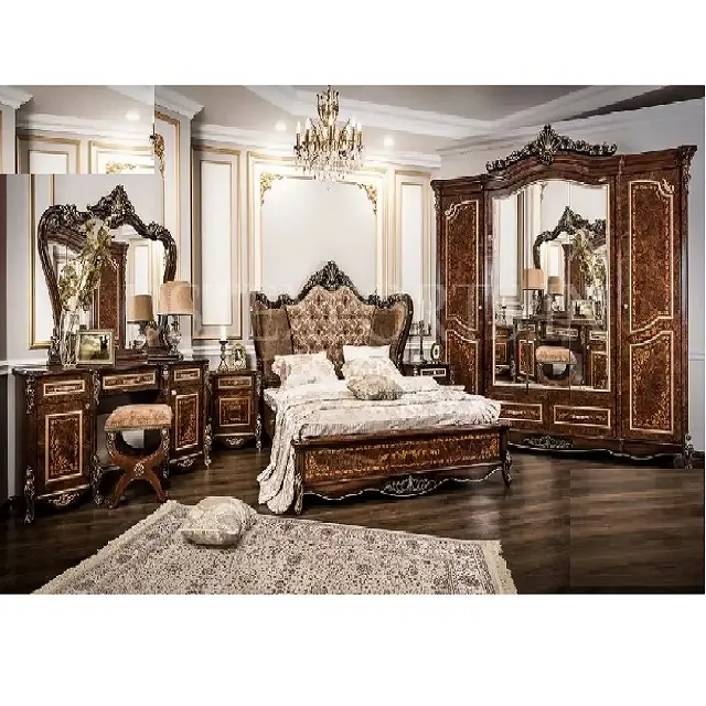 Традиционная резная мебель для спальни с обивкой вишни, набор мебели для спальни из королевской вишни, комплект деревянной мебели для спальни из тика
