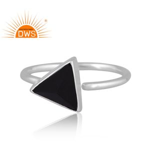 แหวนพลอยโอนิกซ์สีดำธรรมชาติสีเงินบริสุทธิ์สำหรับ925แหวนวางซ้อนกันได้ดีไซน์สามเหลี่ยม - Product Image 2