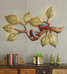 Metal <b>Tree</b> With Birds Mural With <b>Lighting</b> Golden Brownish Wrought Iron 3D Hanging Sculpture Metal Wall Art for Wall Decoration - Product Image 2