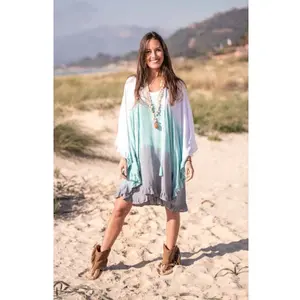 Vestido de saída de praia para mulheres, gravata de mão tradicional, babado, cobertura de praia, poncho com pescoço, borla, ombré, cafetã, feminino