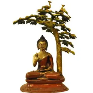 Statue de bouddha en laiton sous le arbre Bodhi, figurine bouddhiste tibétain, avec incrustation, meilleur prix de gros à dubaï, inde