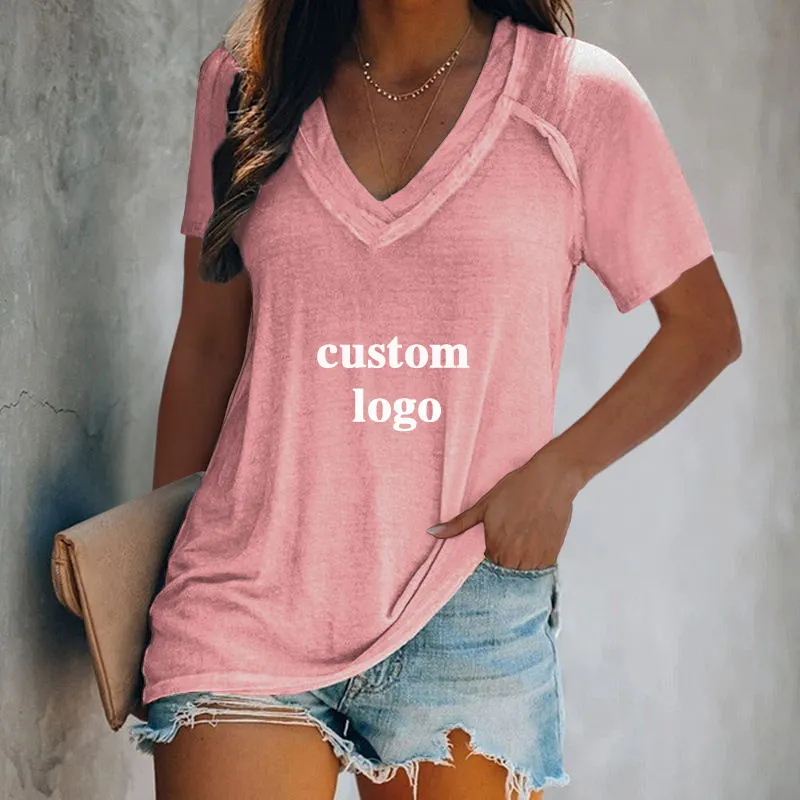 T-shirt manches courtes 100% coton et col en V pour femme, étiquette personnalisée, couleur unie, vente en gros, livraison gratuite