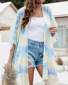 Verano vacaciones Tie Dye Kimono estilo Vintage manga larga playa cubrir para mujeres hasta la rodilla Natural Sexy moda de moda - Product Image 3