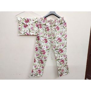 Conjunto de pijama de 2 piezas de algodón orgánico con estampado de bloque de mano de estilo Floral para mujer, cintura elástica, lavable a máquina, invierno, primavera y verano - Product Image 2