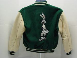 Blouson bombardier pour hommes, à manches en cuir, avec poignets en tricot rayés, personnalisé en laine - Product Image 2