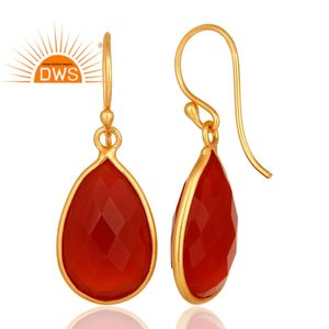 Faceted Pear <b>Red</b> Onyx Gemstone <b>Earrings</b> 18k Gold Plated Silver 925 Dangle <b>Earrings</b> Jewelry Supplier - Product Image 3
