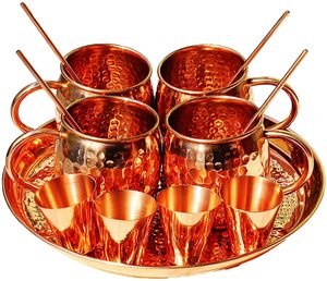 Ensemble de 4 tasses en cuivre martelé brillant fini avec 4 verres à shot, 4 pailles et plateau pour usage domestique - Product Image 5