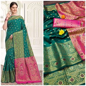 Trandy-Saree de seda tradicional de Lichi puro, tejido y contraste a juego con hermoso oro, Zari - Product Image 2