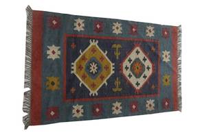 Tapis d'intérieur géométrique rectangulaire en laine et jute bleu et blanc fait main Kl17 Kilim pour enfants, pour le bureau, la salle de séjour, ensemble tissé par des hommes indiens - Product Image 3