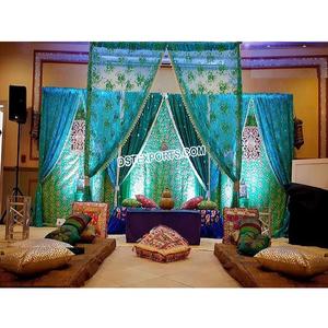 Turquesa tema Mehndi telón de fondo para escenario árabe Mehndi escenario telón de fondo cortinas conjunto boda Mehndi escenario dosel telón de fondo configuración - Product Image 1