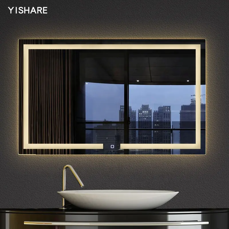 Yishare กระจกโต๊ะเครื่องแป้งทันสมัย,กระจกสำหรับตกแต่งบ้านโรงแรมกระจกแต่งหน้าสีเงินมีสวิทช์หน้าจอสัมผัสกระจกห้องน้ำ