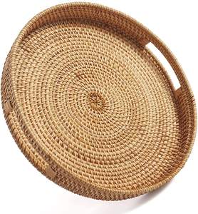 Plateau en rotin élégant de style japonais. Fabrication au Vietnam, plateaux de service en rotin rond naturel pour la décoration de la maison, restaurant - Product Image 1