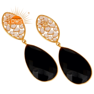 Zircon Bead <b>Black</b> Onyx Gemstone <b>Earring</b> Designer Gold Plated Silver <b>Dangle</b> <b>Earrings</b> Suppliers Jewelry - Product Image 2