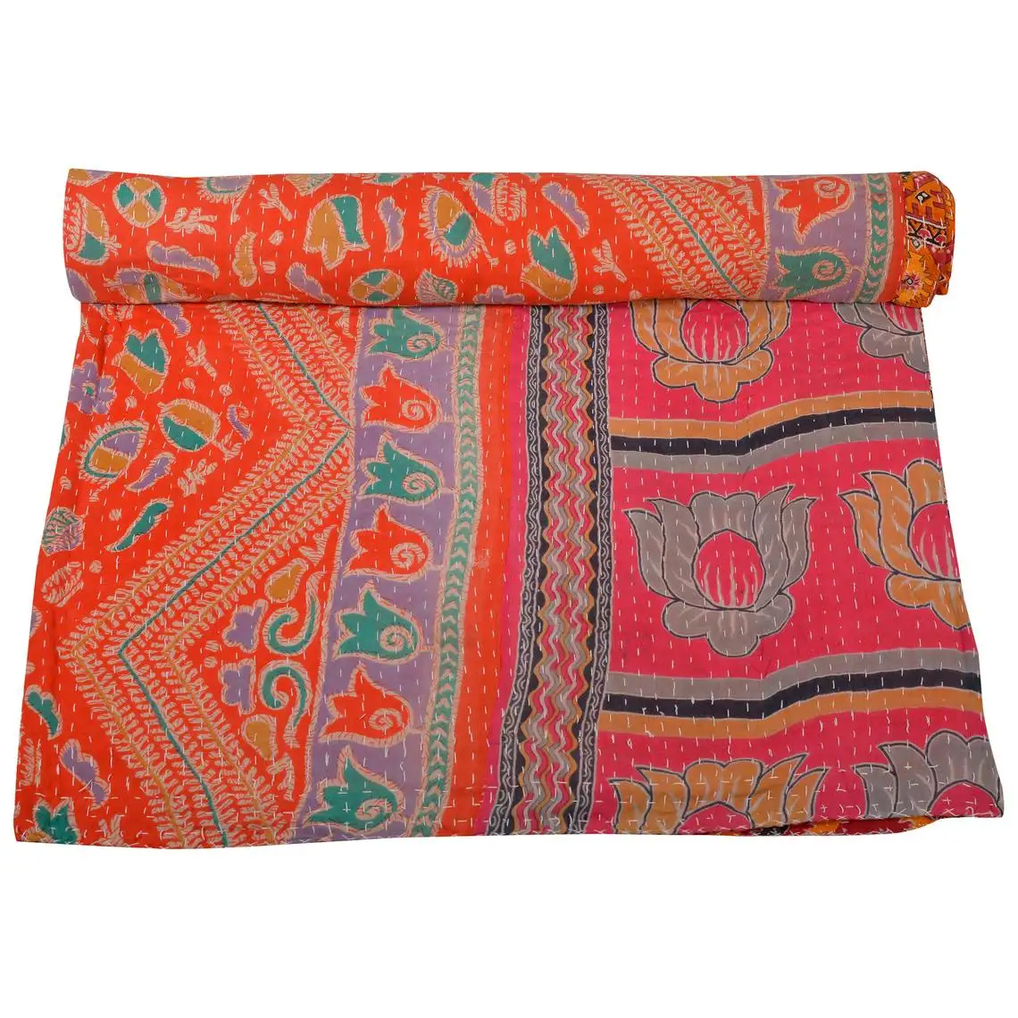 Wholesale rare hand stitched indian kantha quilt vintage handmade reversible bedspread best quality throw