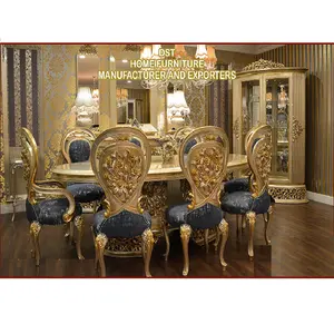 Classic Designed Floral Carving Dining Set French Dining Table Set in Antique Gold Finish Italian Baroque Carving Dining Set