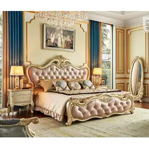 Cama de madeira estilo francês, cama de luxo de couro estilo francês para quarto atacado de alta qualidade