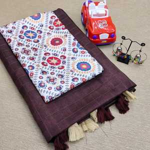 ผ้าไหมสาลี่ปอกระเจาหนา,เสื้อส่าหรีพร้อมผ้าฝ้ายทอและวิจิตราผ้าไหมแท้พิมพ์ลายดิจิตอลพร้อมเครื่องประดับฟรี - Product Image 6