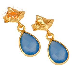 Boucles d'oreilles en chalcédoine bleue, feuille, design, plaqué or, argent, boucles d'oreilles pendantes, fournisseur de bijoux, collection vintage - Product Image 2