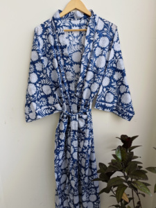 Robe Kimono 100% coton, haute qualité, bleu, bloc à main, cover-up, Robe de bain pour femmes, provenant de l'inde - Product Image 3