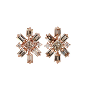 Boucles d'oreilles florales en diamant baguette naturelle Or rose massif 14 carats Designer Usage quotidien Bijoux fins Fabricant de gros - Product Image 1