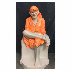 Exclusive Pure White Marble Hand <b>Painted</b> Colorful Lord Sai Baba Sitting On Base Beautiful Religious Statue - Product Image 1