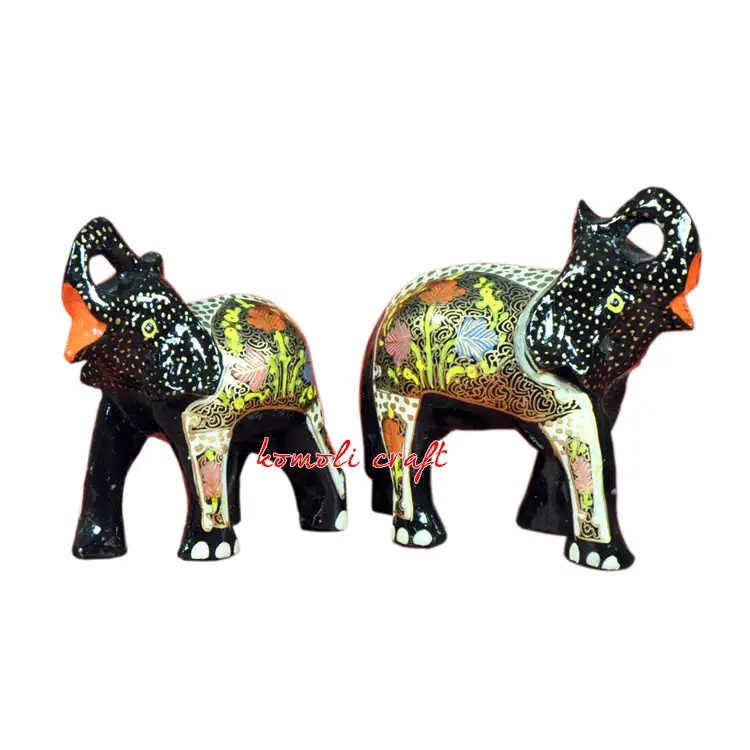手描きの黒い花の象の家族インドのカシミール張り子張り子動物