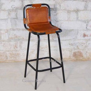 Tabouret de bar industriel moderne, hauteur de comptoir, style rétro vintage, siège en cuir véritable, cadre haut en acier pour meubles de salon - Product Image 1