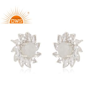 Hecho a mano circón blanco natural y piedra de Luna arcoíris piedra preciosa plata esterlina diseño Floral Stud pendiente joyería fabricante - Product Image 2