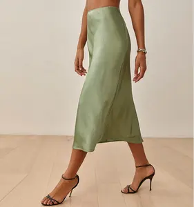 Элегантная женская офисная юбка-карандаш средней длины, женская летняя длинная юбка с высокой талией, однотонная атласная шелковая юбка