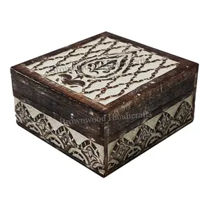 Export Quality Luxury Hand Carved Burnt White Wash Color Mango Wood Box For Gift Packaging and Decorative Box at Wholesale Price
