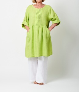 Robe tunique en lin vert lime, col rond, manches trois quarts, coupe ample, longueur midi, avec poches, tenue décontractée d'été - Product Image 1
