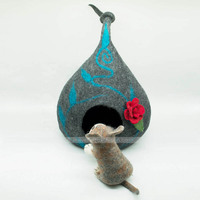 Cave à chat luxueuse feutrée à la main de qualité supérieure, maison pour animaux de compagnie à queue nouée chaude et confortable avec un matériau en laine solide de conception unique pour jouer au chat