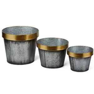 Set of 3 Galvanised planter pot perfect for any place with a modern golden collar for both artificial & natural plants