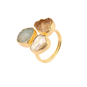 March Birthstone Natural Raw Aquamarine & White Keshi Pearl Texture Finish <b>Ring</b> Gold Plated <b>Ring</b> Three Stone Adjustable <b>Ring</b> - Product Image 3