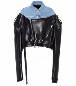 Veste contrastée en cuir denim Nouvelle veste en cuir à la mode 100% cuir véritable Panneau coupé et cousu Wash Denim - Product Image 1