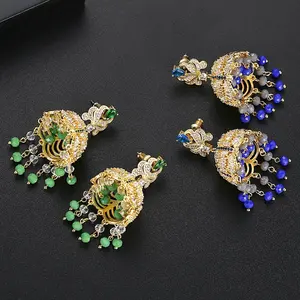 华丽的印度设计大滴耳环女性婚礼派对蓝色或绿色流苏花滴耳环时尚首饰 Bling New